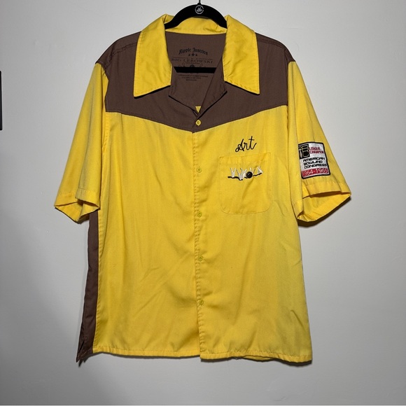 Ripple Junction Shirt Bowling L Big Lebowski Dude Yellow Brown Buttons Costume - Picture 1 of 7